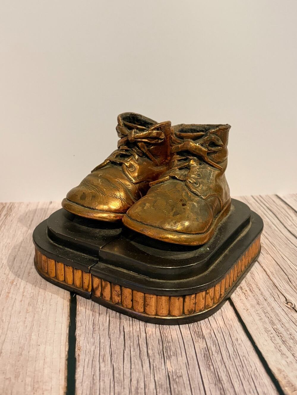 Bronze Baby Shoes Bookends Vintage Metal Nursery Decor Pair Mid Century